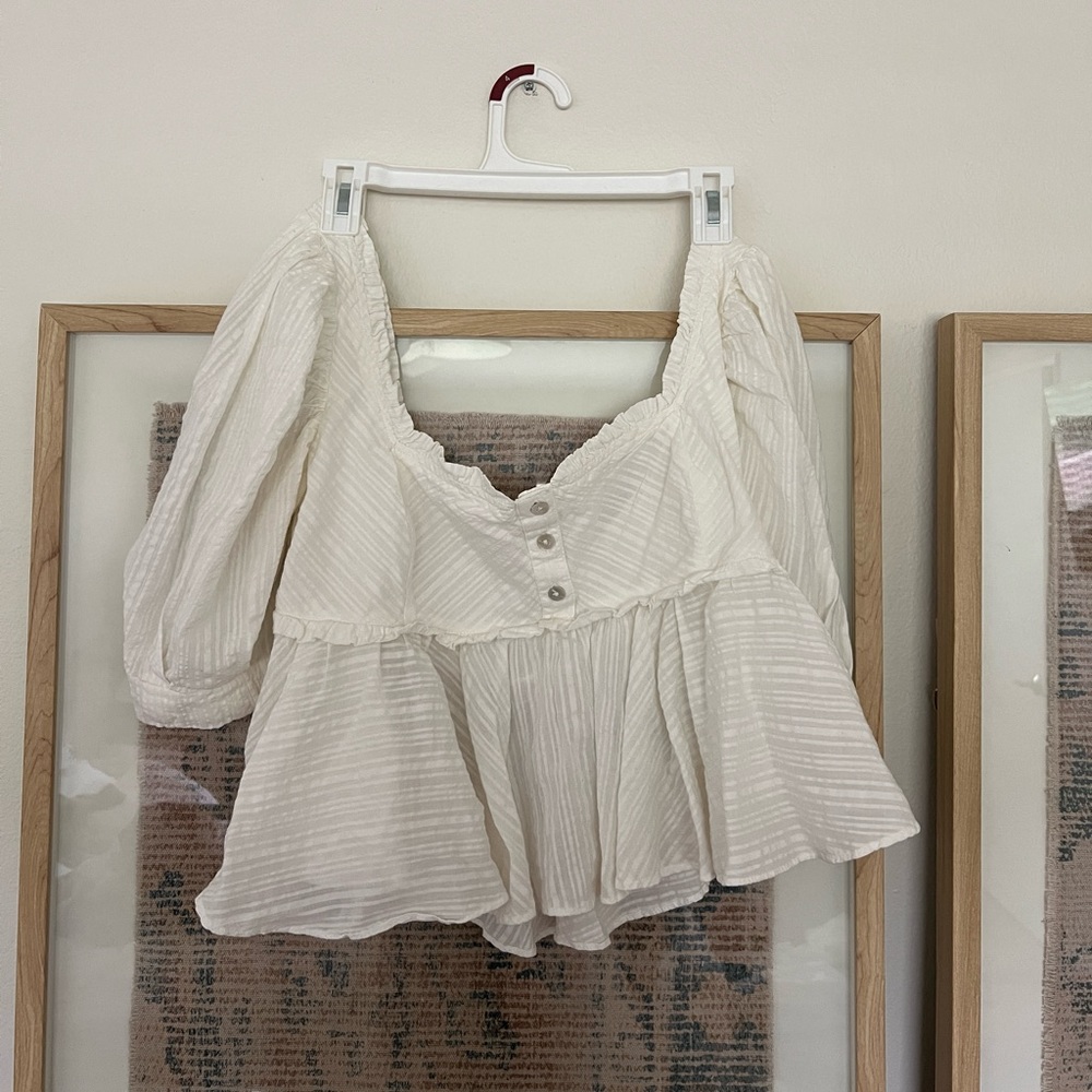 Free People White Smocked Peplum Top with Puff Sleeves